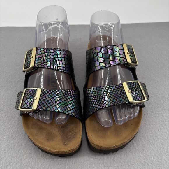 Birkenstock Arizona Sandals 37 US 6-6.5 Iridescent Snake Scale Black Two Strap - Picture 5 of 15